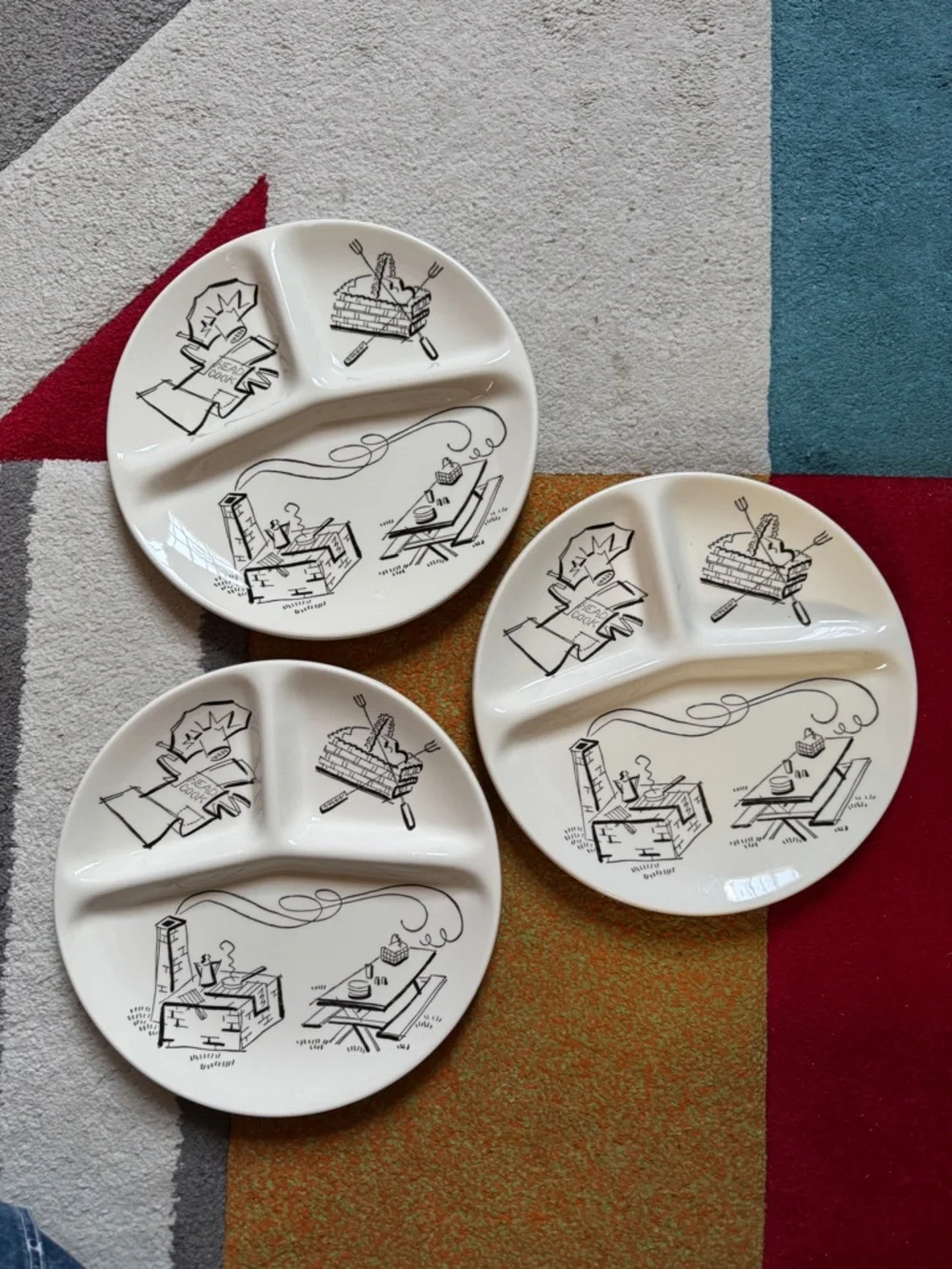 Vintage Style White Sectioned Dinner Plates and Mugs - Black Illustration